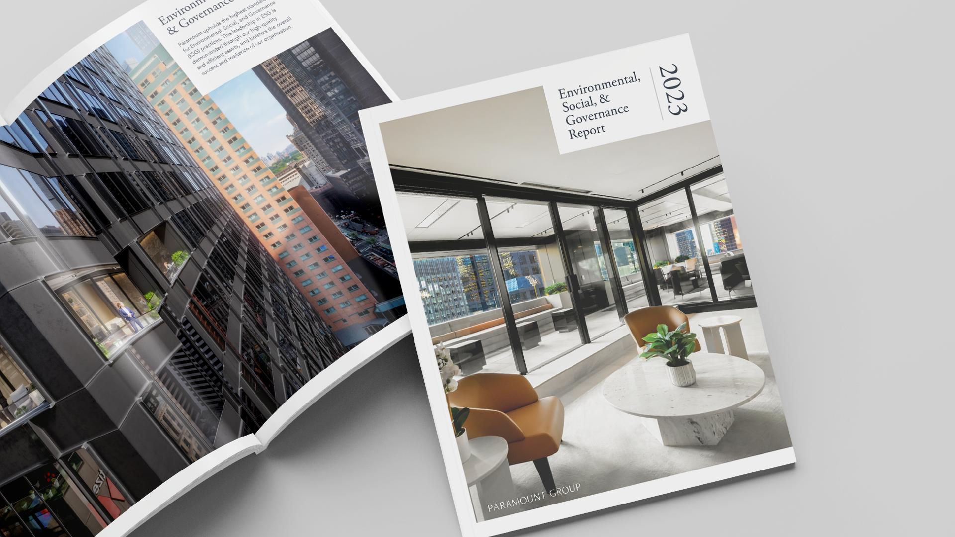 The cover design and interior spread of the 2023 ESG Report showcase Paramount Group's properties and people