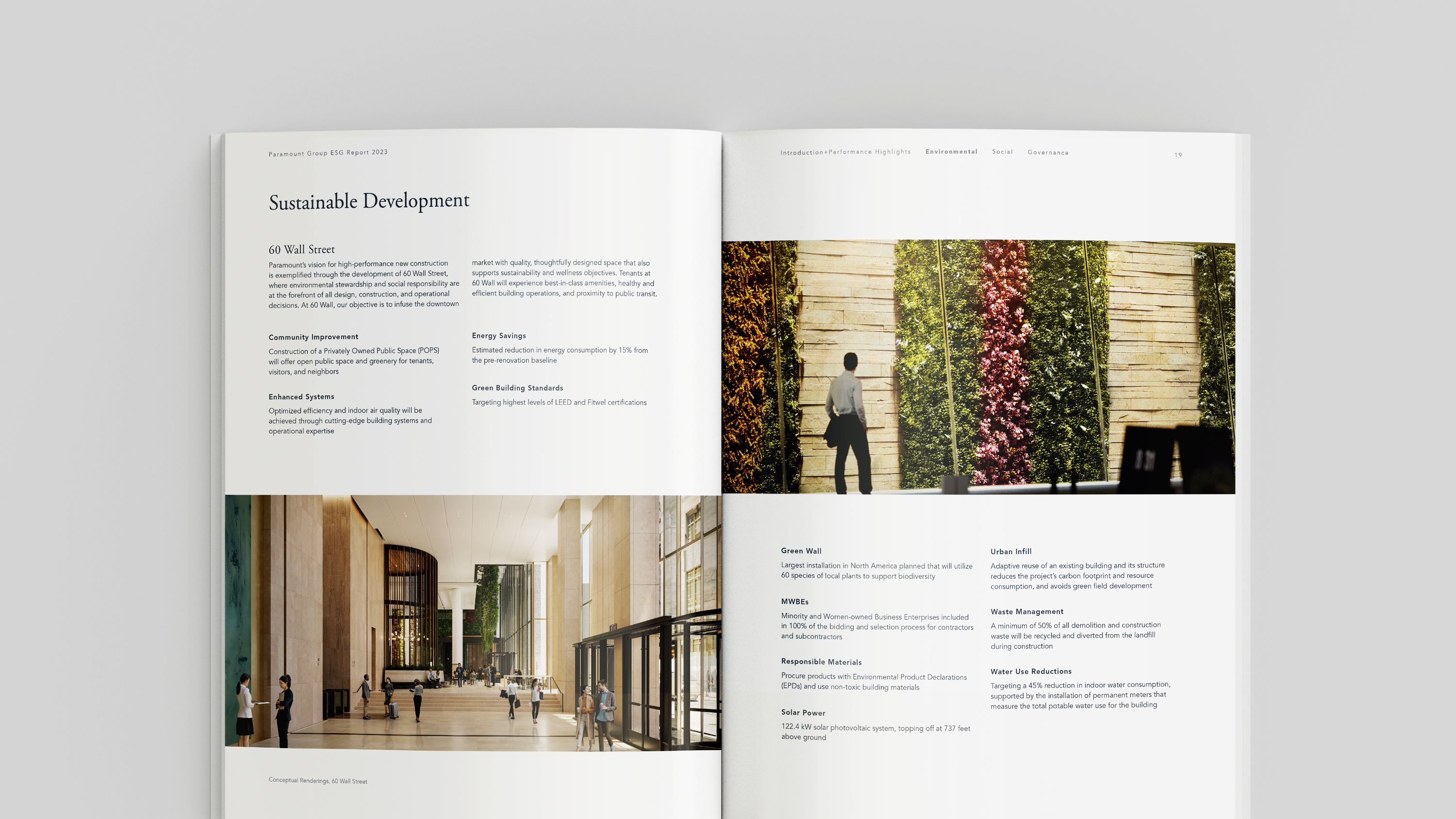 The interior spread highlights Paramount Group's current sustainable development with 60 Wall St