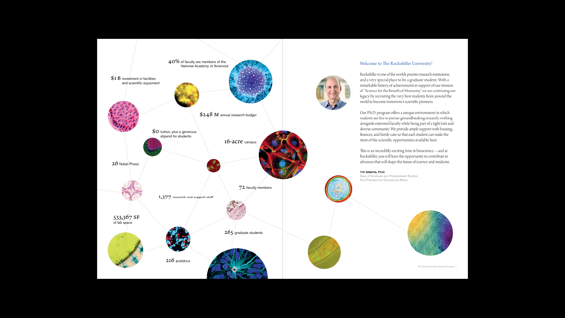 The first spread welcomes students and highlights important stats through an engaging network of graphics.