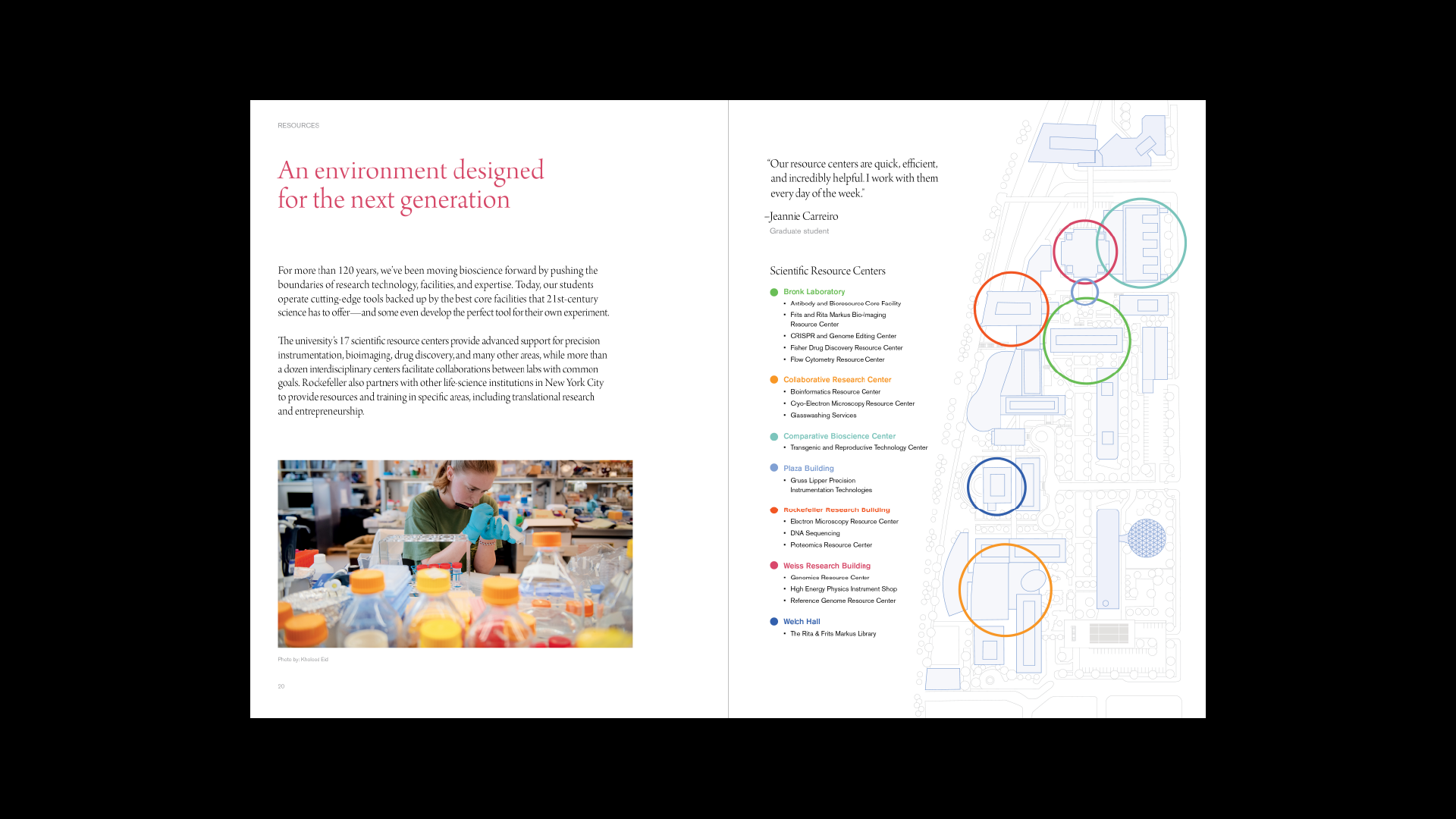 Another interior spread illustrates Rockefeller University's state-of-the-art facilities and their locations.