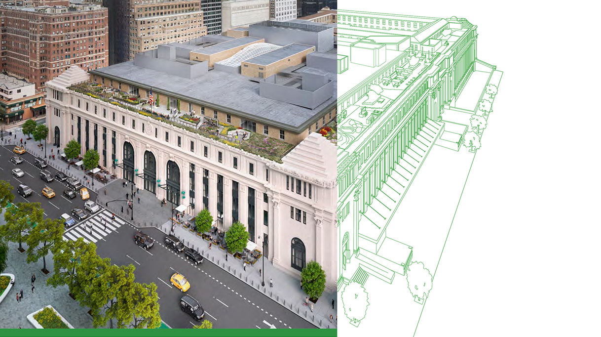 The cover features a building rendering on one side, contrasted by a green wireframe overlay on the other.