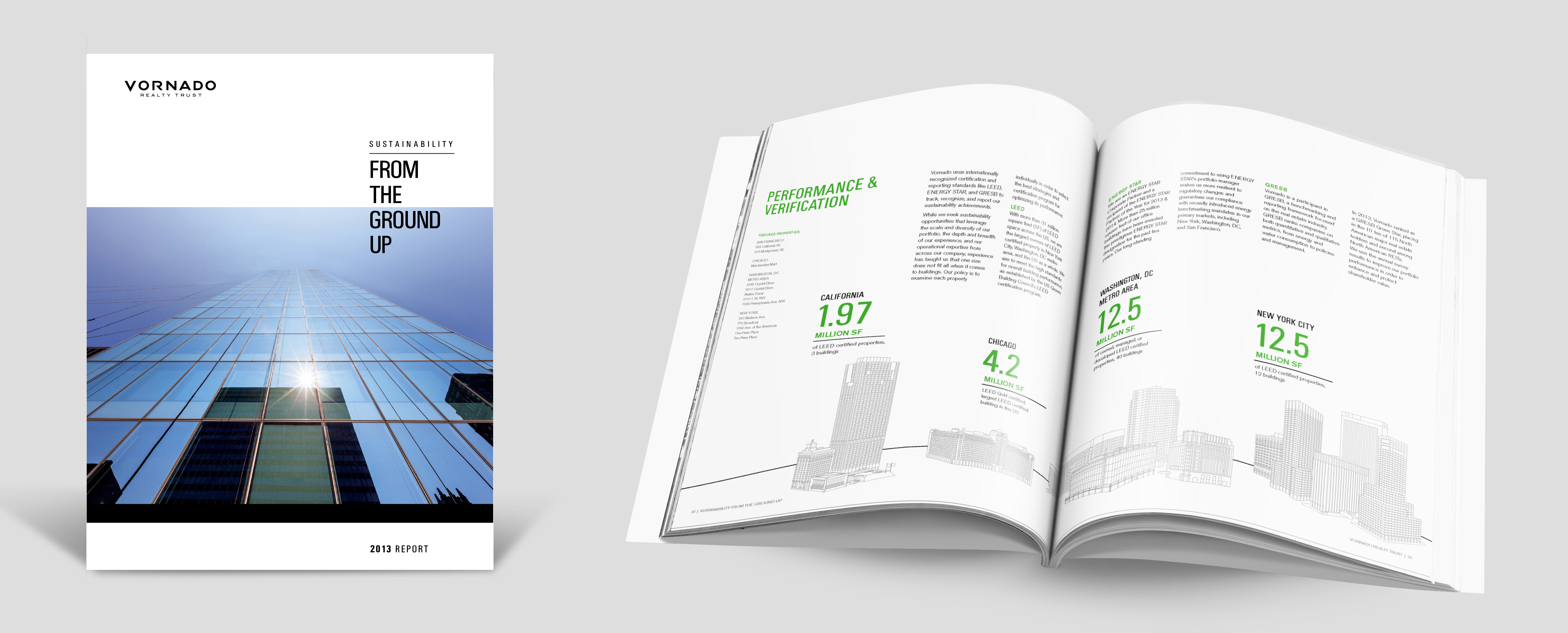 2013 Sustainability Report cover and interior spread design