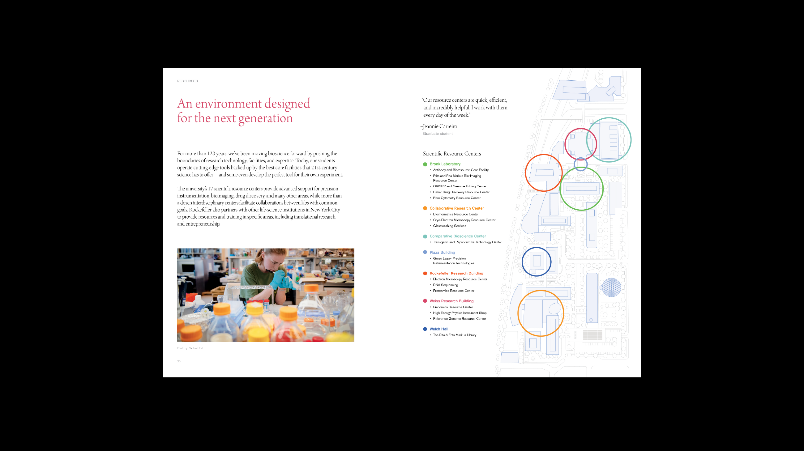 Another interior spread illustrates Rockefeller University's state-of-the-art facilities and their locations.