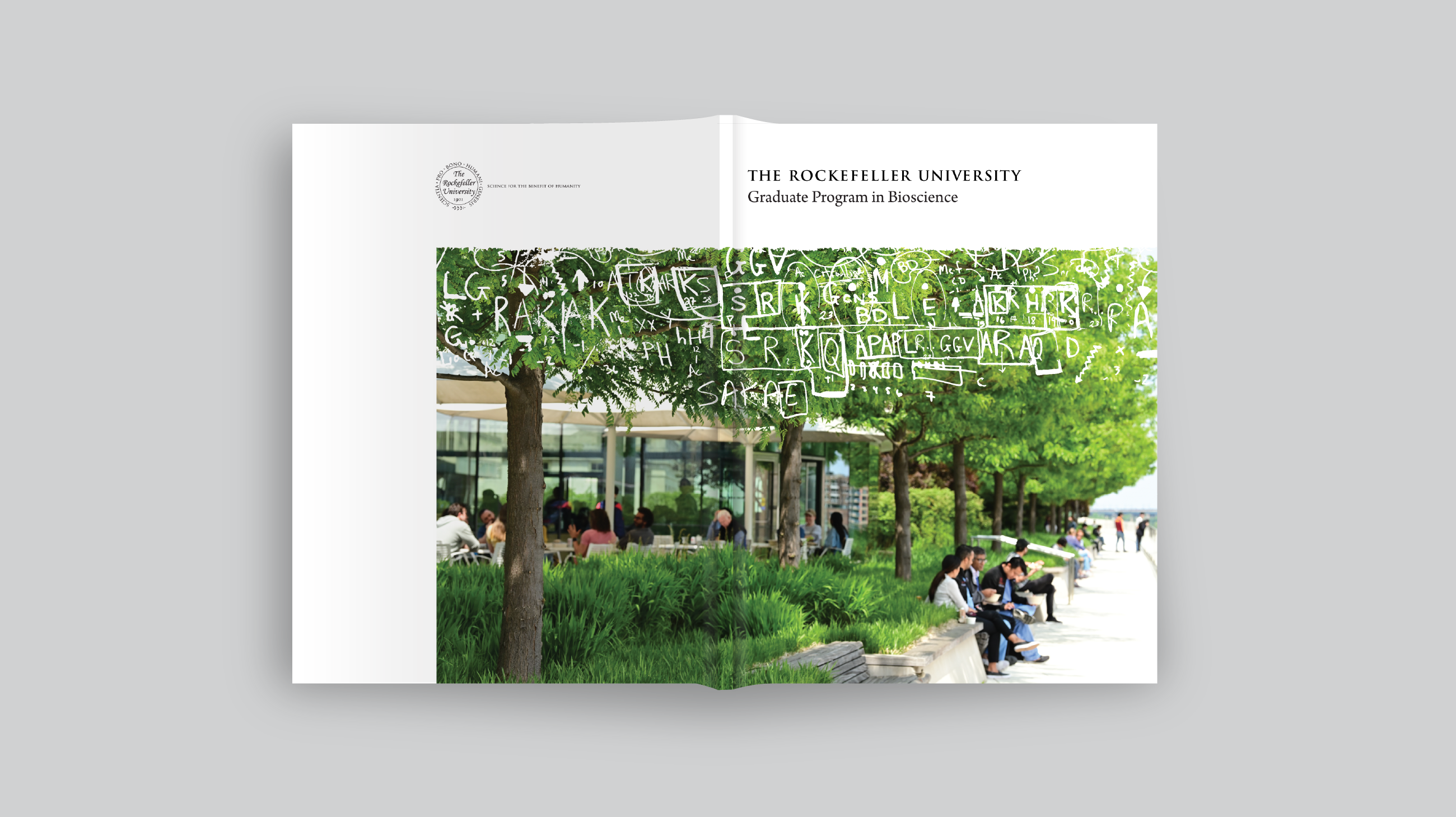 The cover features scientific writings elegantly overlaid on an outdoor campus scene, bustling with students and activity.